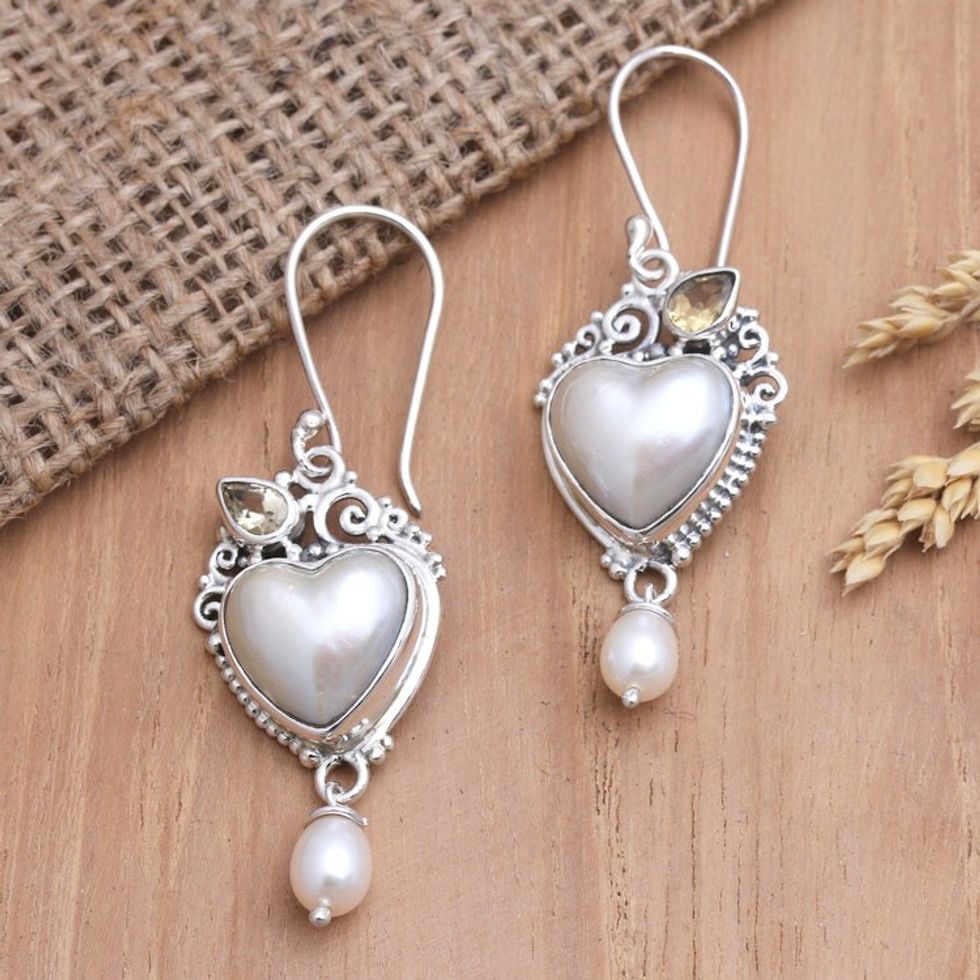 Cultured Mabe Pearl Dangle Earrings with Heart Motif 'Love from Above'