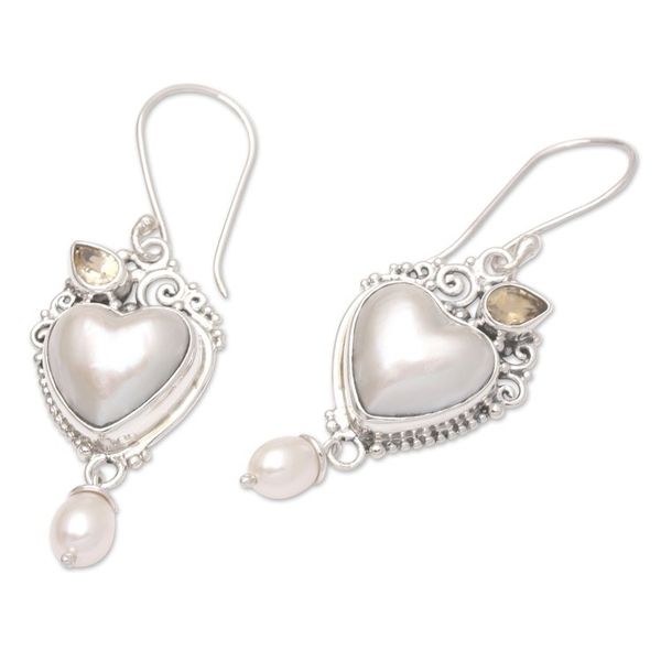 Alternate image for Cultured Mabe Pearl Dangle Earrings with Heart Motif Love from Above