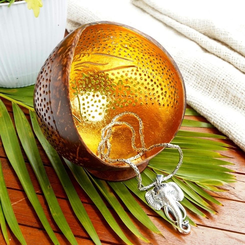 Hand Crafted Coconut Shell Catchall 'Floral Light'