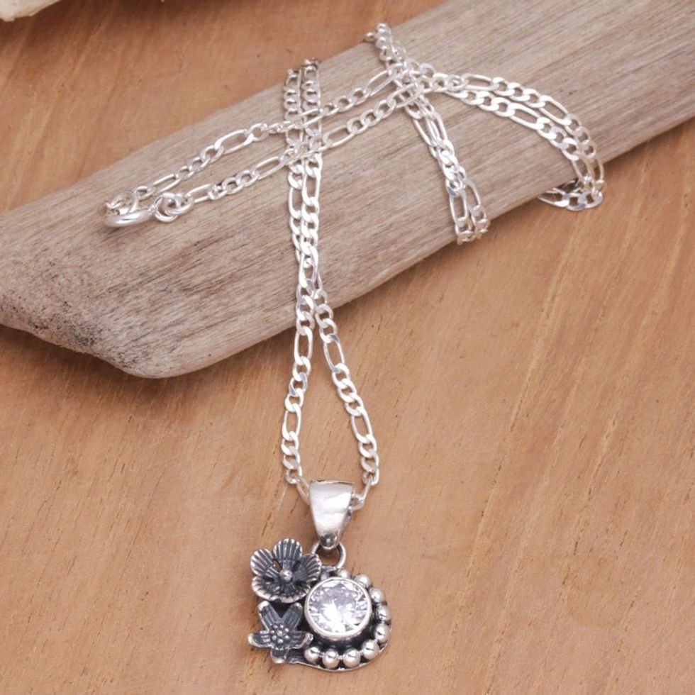 Sterling Silver and Cubic Zirconia Floral Pendant Necklace 'Godly Flower'