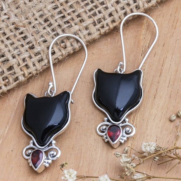 Alternate image for Horn Garnet Sterling Silver Cat Dangle Earrings from Bali Abstract Cats