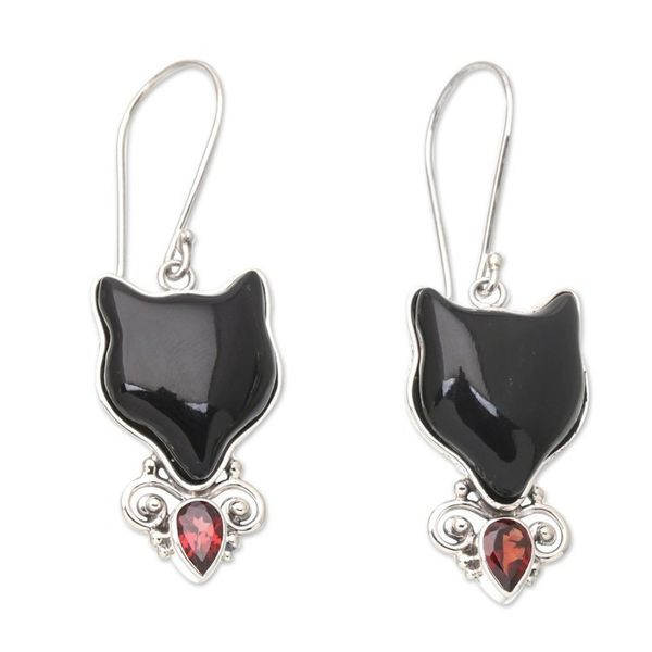 Alternate image for Horn Garnet Sterling Silver Cat Dangle Earrings from Bali Abstract Cats