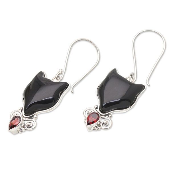 Alternate image for Horn Garnet Sterling Silver Cat Dangle Earrings from Bali Abstract Cats