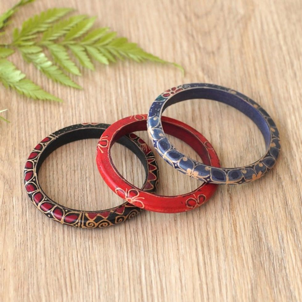 Set of 3 Colorful Floral Batik Wadang Wood Bangle Bracelets 'Spring Trinity'
