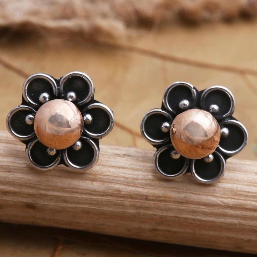 Handmade Gold-Accented Sterling Silver Stud Earrings 'Golden Stamen'