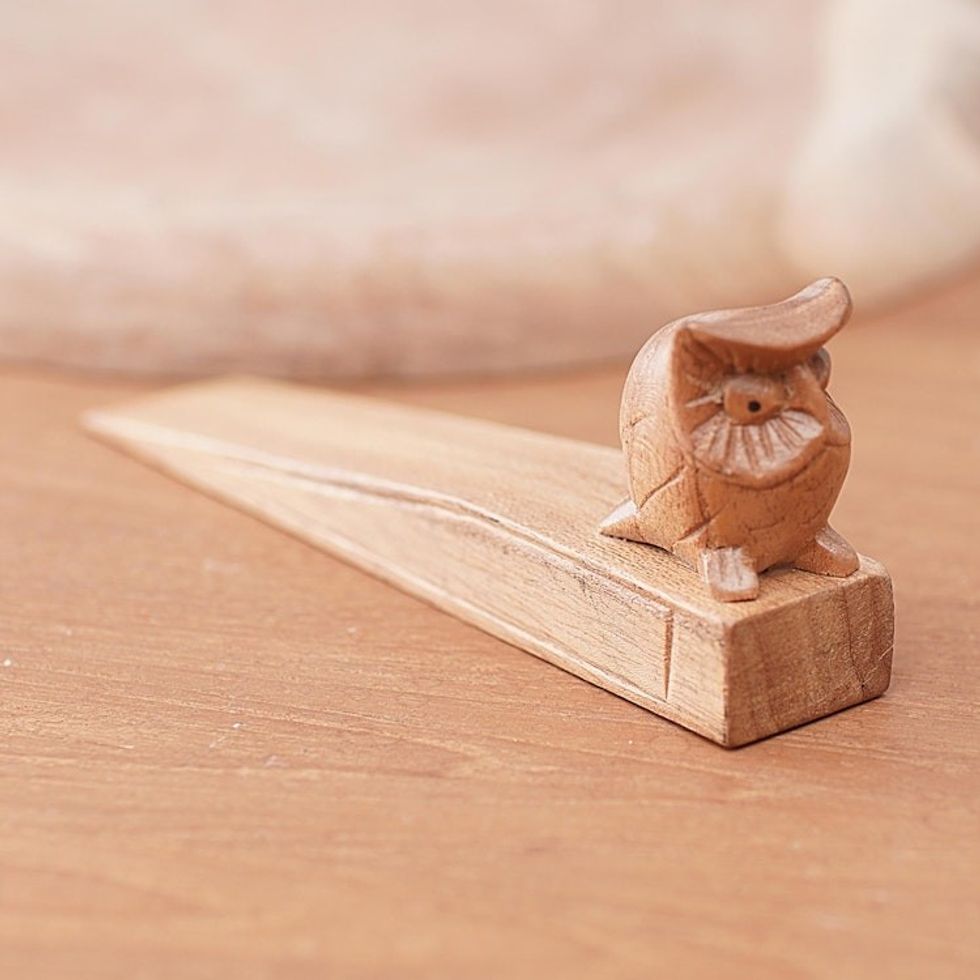 Jempinis Wood Door Stop with Little Brown Owl 'Mysterious Brown Owl'