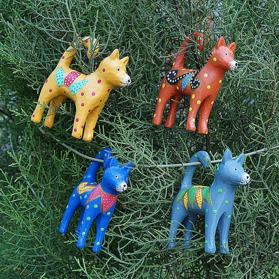 Set of 4 Hand-Painted Wooden Dog-Themed Christmas Ornaments 'Dog Tails'