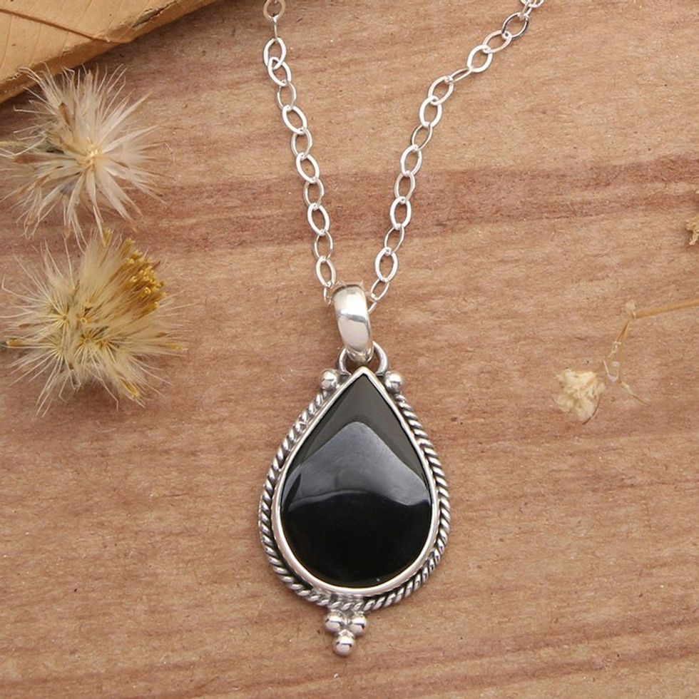 Sterling Silver Onyx Pendant Necklace with Torsade Accents 'Tropical Night'