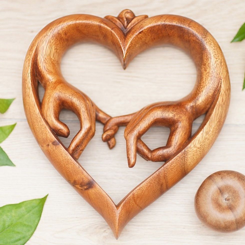 Hand-Carved Heart-Shaped Brown Suar Wood Relief Panel 'The Promise of Love'