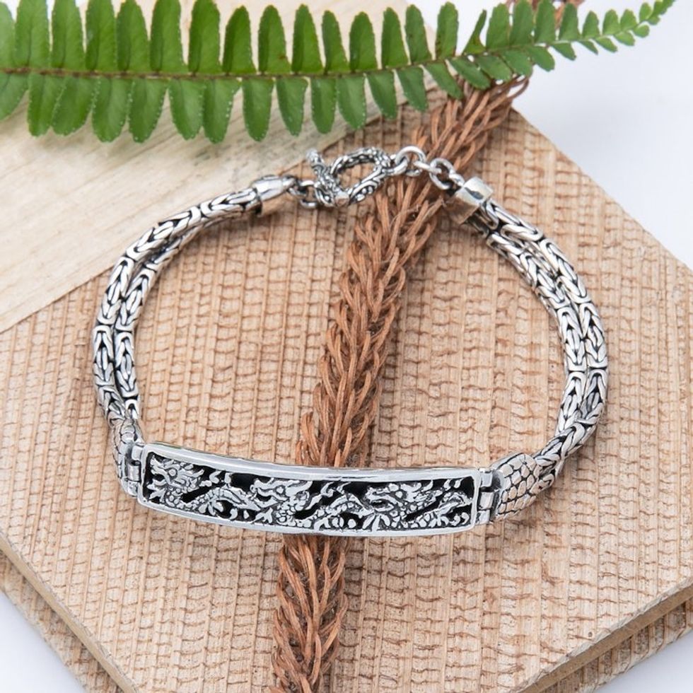 Traditional Dragon-Themed Sterling Silver Pendant Bracelet 'Dragon Blast'