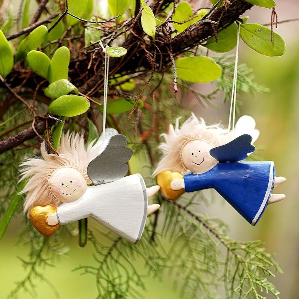 Hand Carved Wooden Angel Ornaments Pair 'Blessed Love'