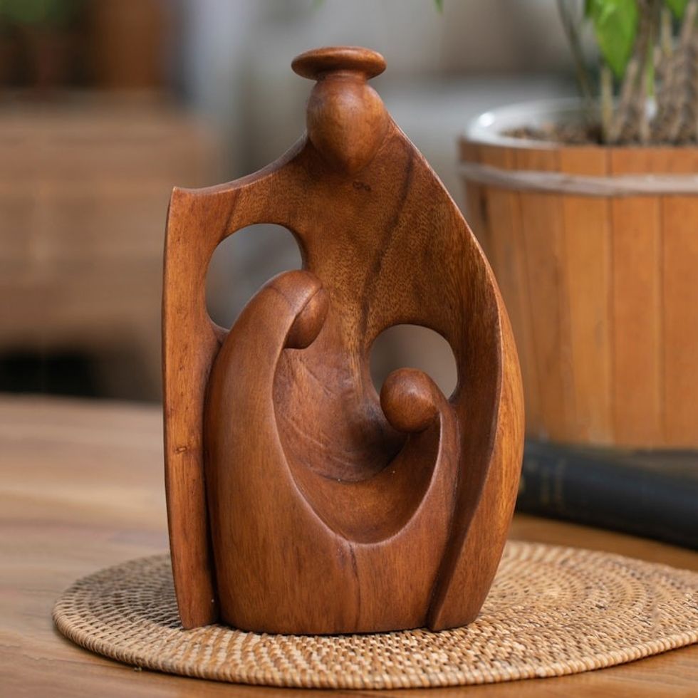 Semi-Abstract Angel-Themed Suar Wood Sculpture of Family 'Happiest Mother'
