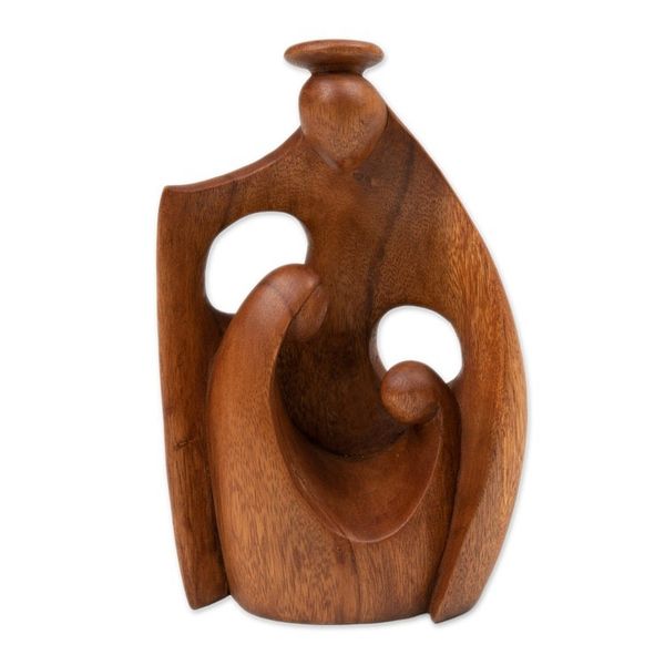 Alternate image for Semi-Abstract Angel-Themed Suar Wood Sculpture of Family Happiest Mother