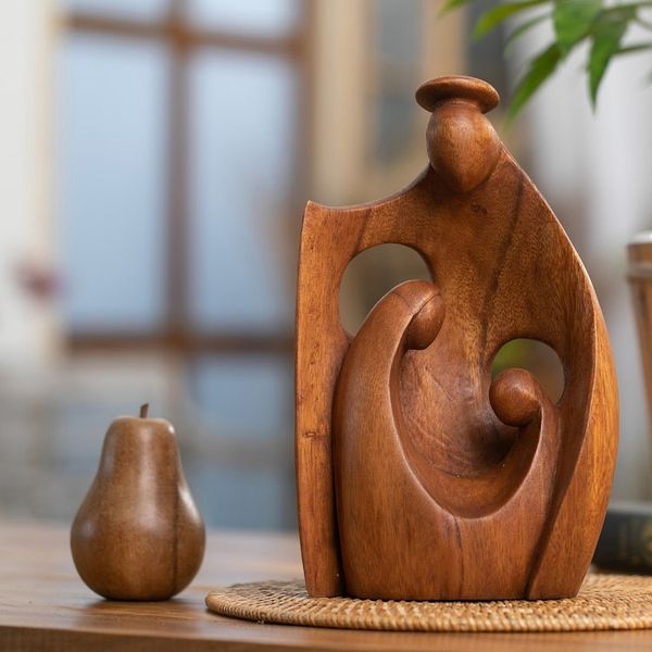 Alternate image for Semi-Abstract Angel-Themed Suar Wood Sculpture of Family Happiest Mother