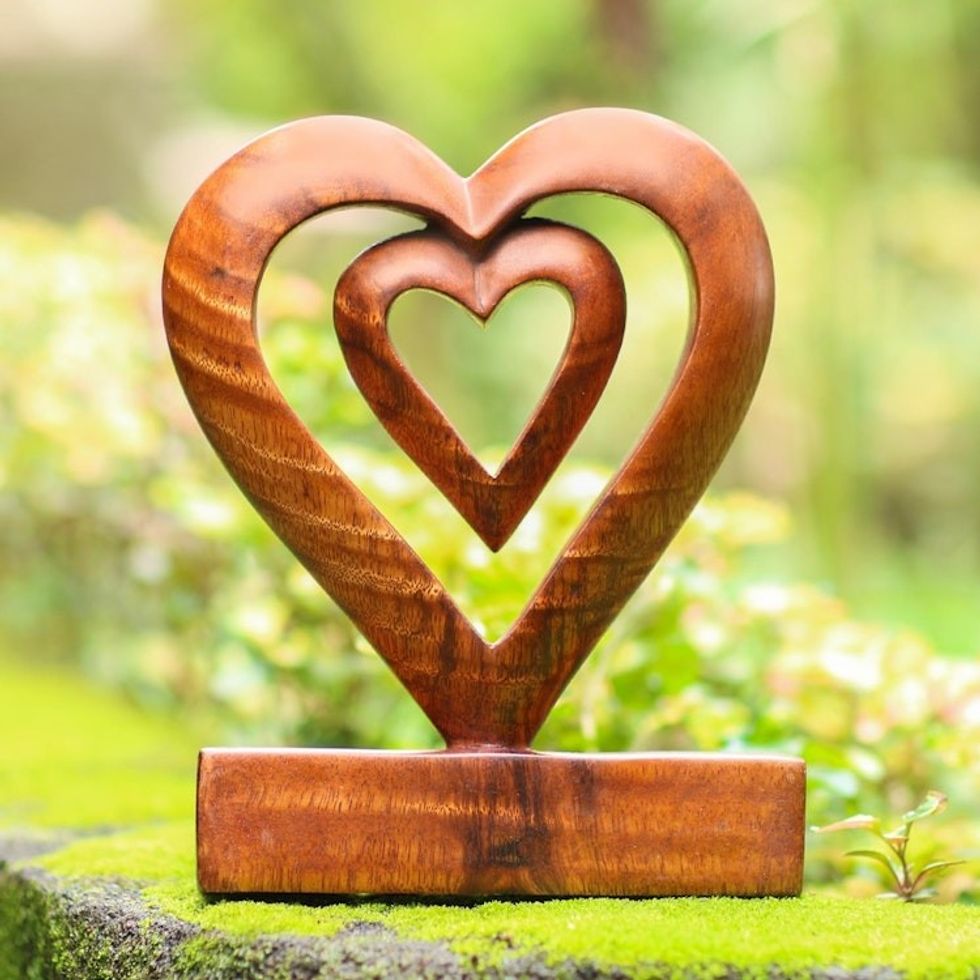 Hand Carved Natural Suar Wood Heart Statuette 'Two Loves in Brown'