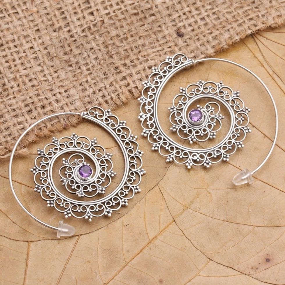 Amethyst and Sterling Silver Drop Earrings from Bali 'Eternal Path in Purple'