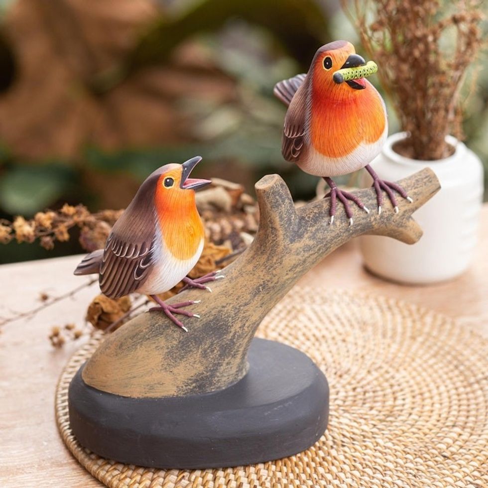 Teak Suar Wood Bird Sculpture Carved and Painted by Hand 'Two Robin Redbreast'