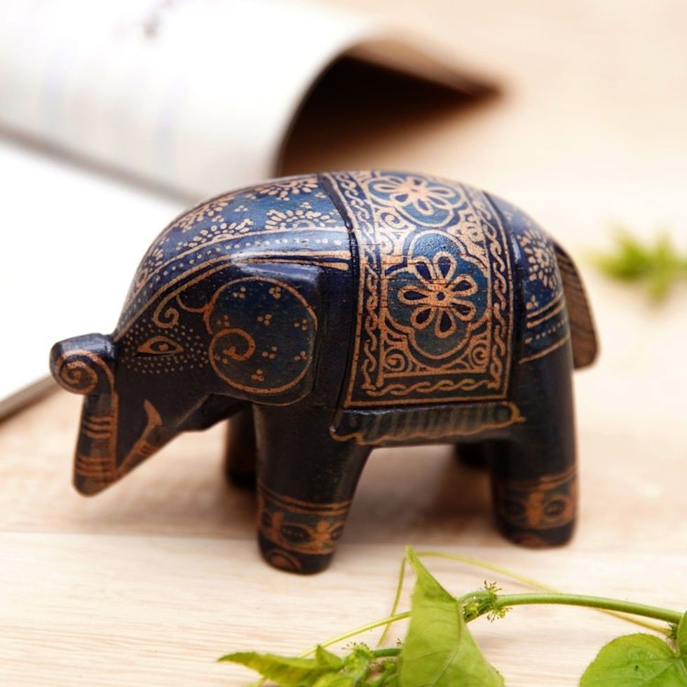 Batik Floral Elephant-Shaped Blue Pule Wood Figurine 'Mystic Giant'