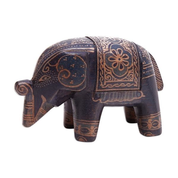 Alternate image for Batik Floral Elephant-Shaped Blue Pule Wood Figurine Mystic Giant