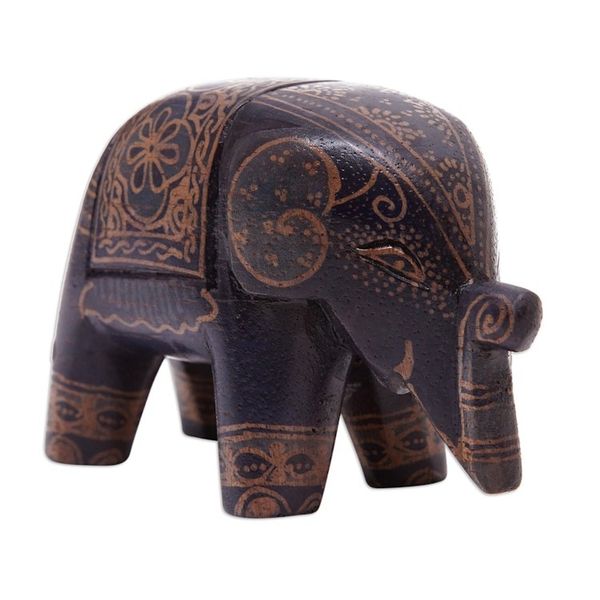 Alternate image for Batik Floral Elephant-Shaped Blue Pule Wood Figurine Mystic Giant