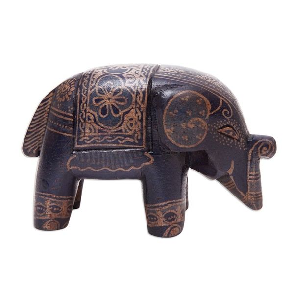 Alternate image for Batik Floral Elephant-Shaped Blue Pule Wood Figurine Mystic Giant