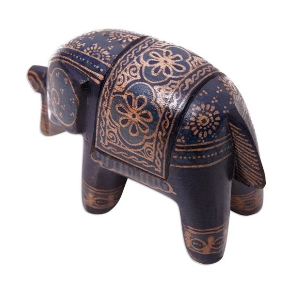 Alternate image for Batik Floral Elephant-Shaped Blue Pule Wood Figurine Mystic Giant