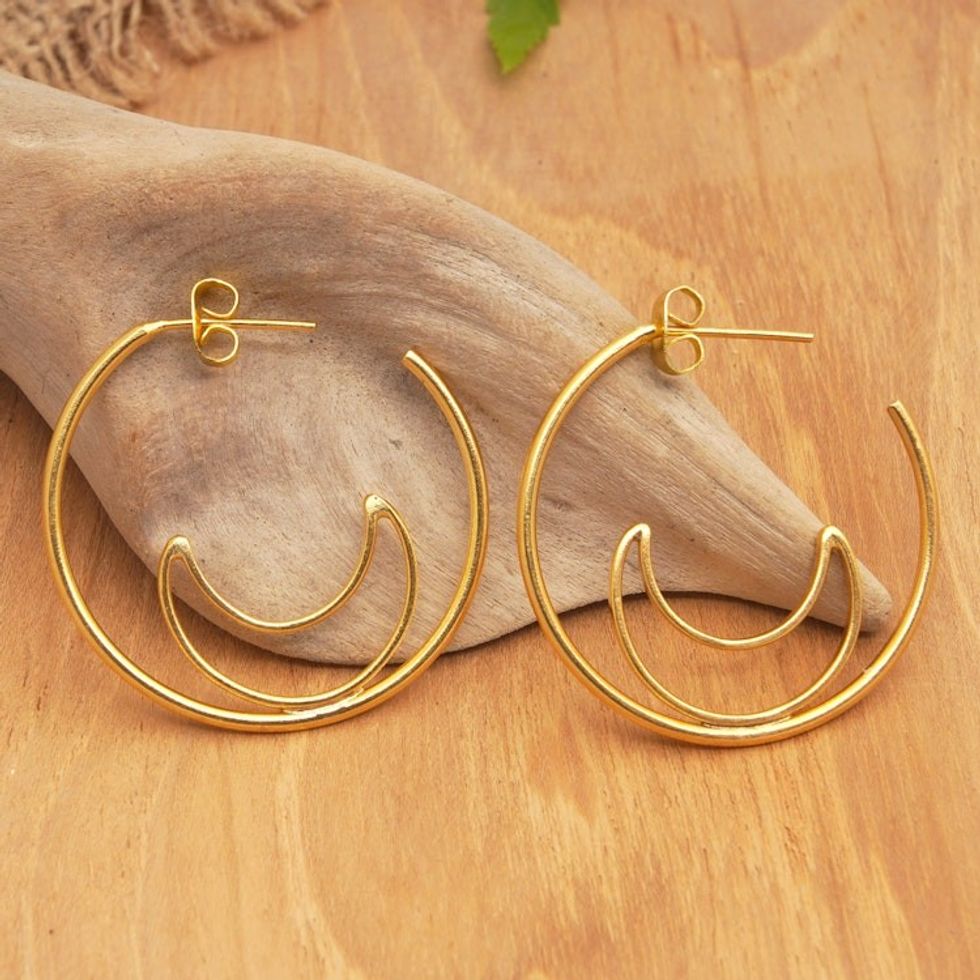 Gold-Plated Moon-Themed Half-Hoop Earrings from Indonesia 'Through the Moon'
