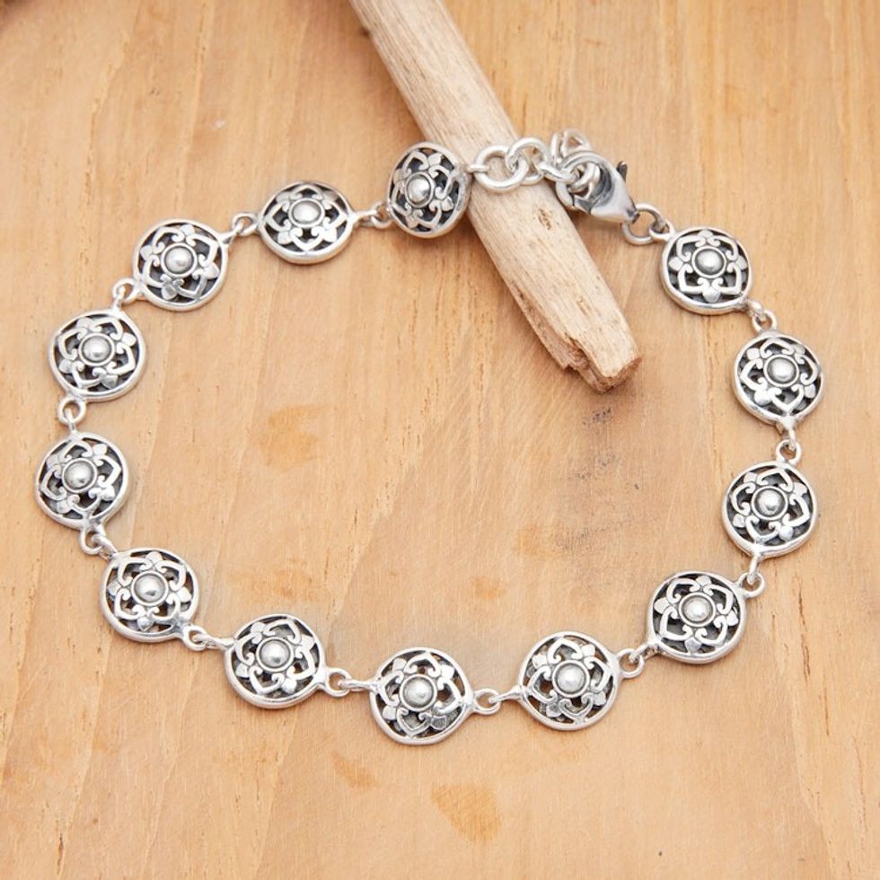 Polished Floral Sterling Silver Link Bracelet from Bali 'Flower Heart'