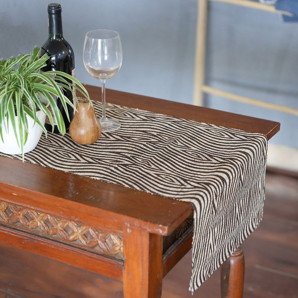 Ikat-Inspired Brown Cotton Blend Table Runner Made in Bali 'Brown Delight'