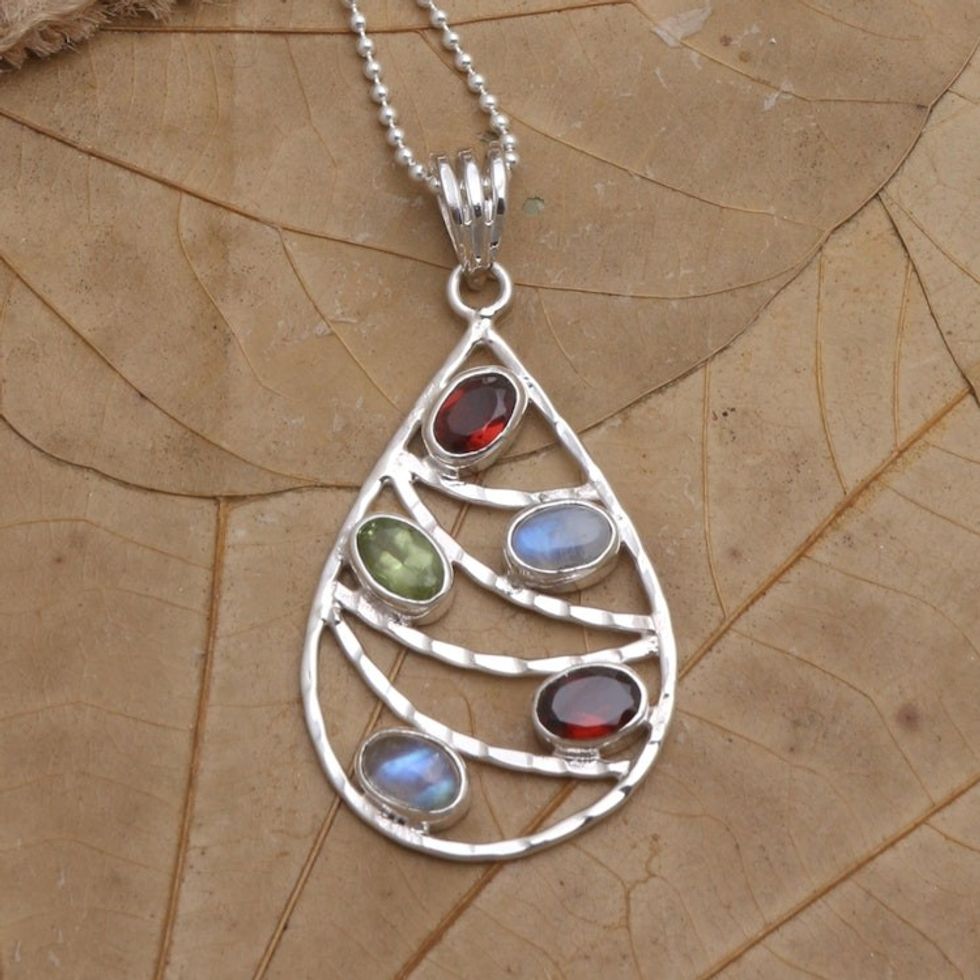 Garnet and Rainbow Moonstone Pendant Necklace 'Rainbow Skyline'
