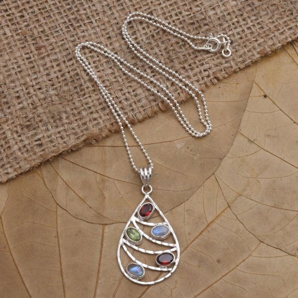Alternate image for Garnet and Rainbow Moonstone Pendant Necklace Rainbow Skyline