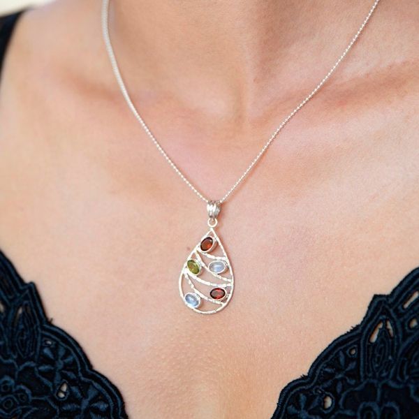 Alternate image for Garnet and Rainbow Moonstone Pendant Necklace Rainbow Skyline