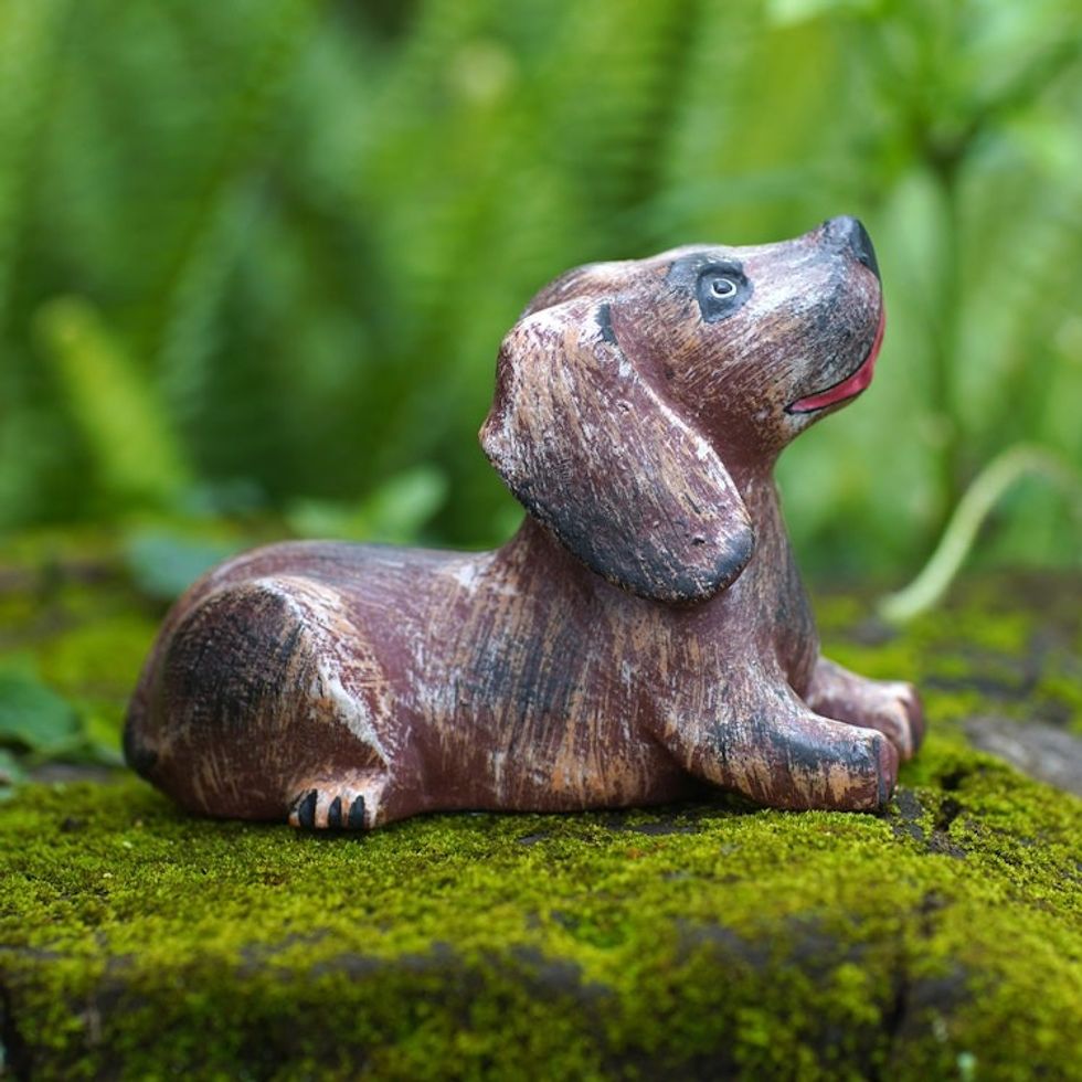 Hand-Carved Brown Suar Wood Sculpture of a Puppy 'Loyal Barks'