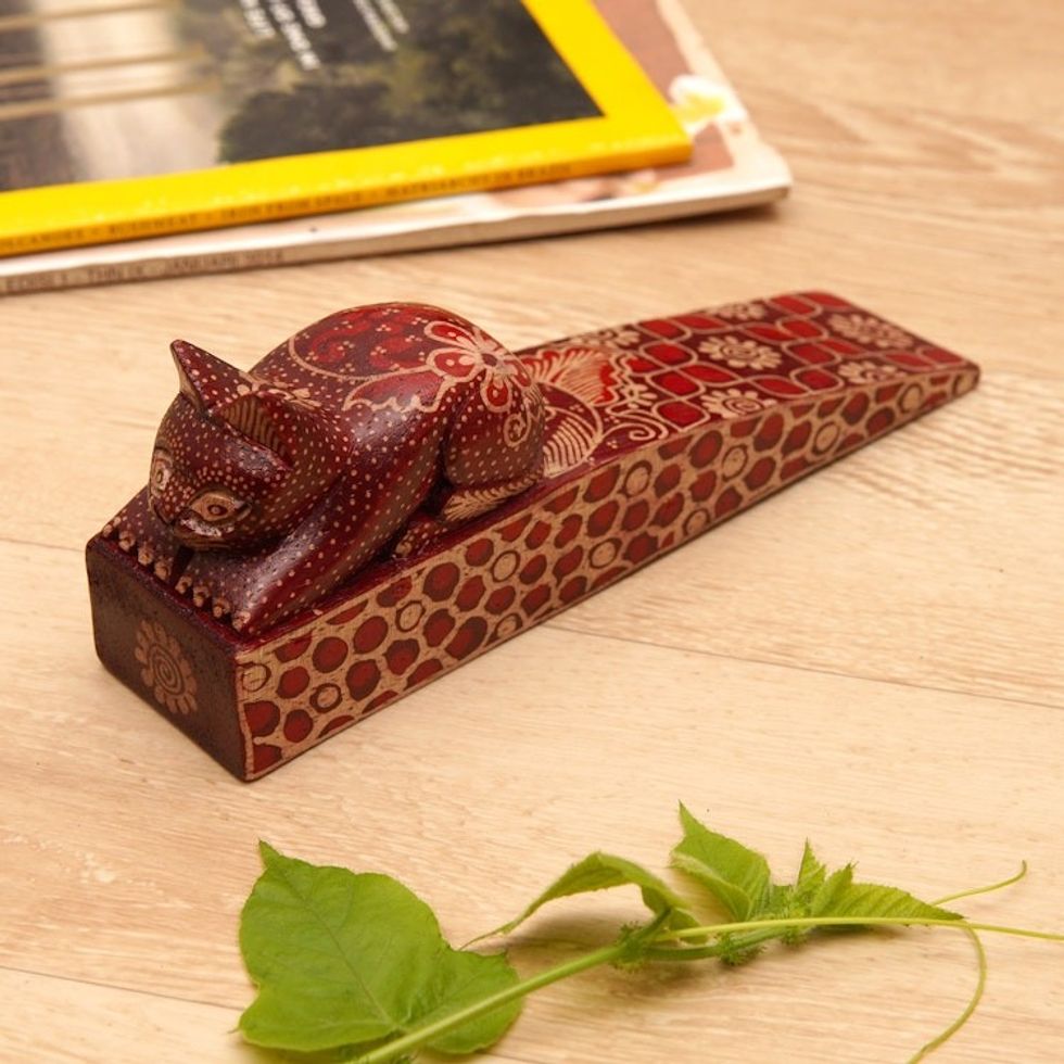 Handmade Batik Cat-Shaped Pule Wood Door Stop in Warm Hues 'Feline Space'