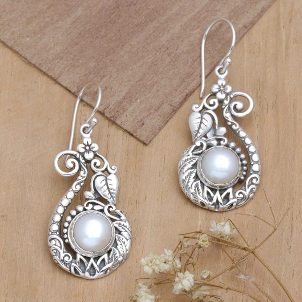 Leafy and Floral Dangle Earrings with Cultured Pearls 'Magical Innocence'