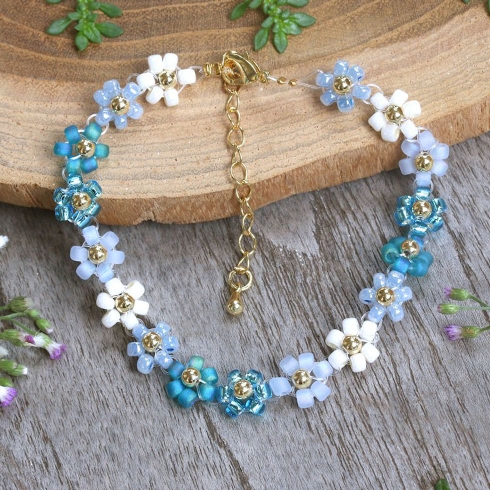 Blue and Turquoise Crystal Beaded Bracelet with Gold Accents 'Moonlight Petals'