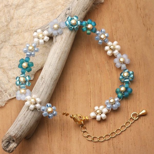 Alternate image for Blue and Turquoise Crystal Beaded Bracelet with Gold Accents Moonlight Petals