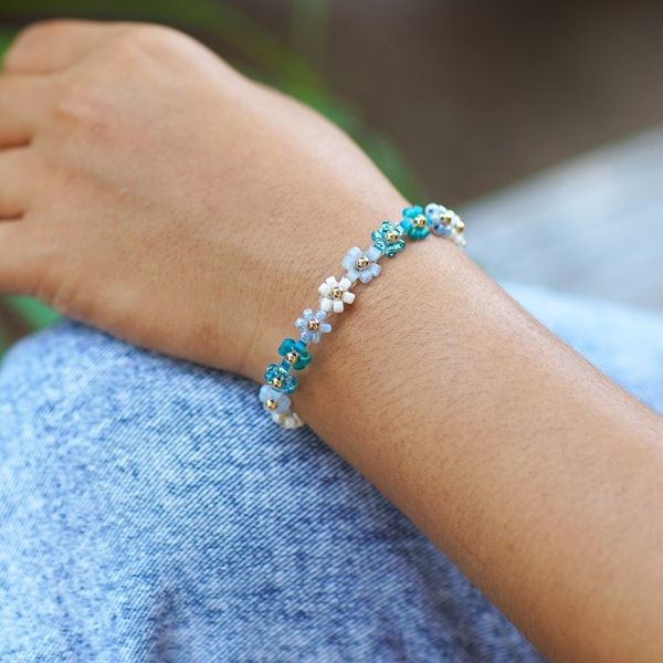 Alternate image for Blue and Turquoise Crystal Beaded Bracelet with Gold Accents Moonlight Petals