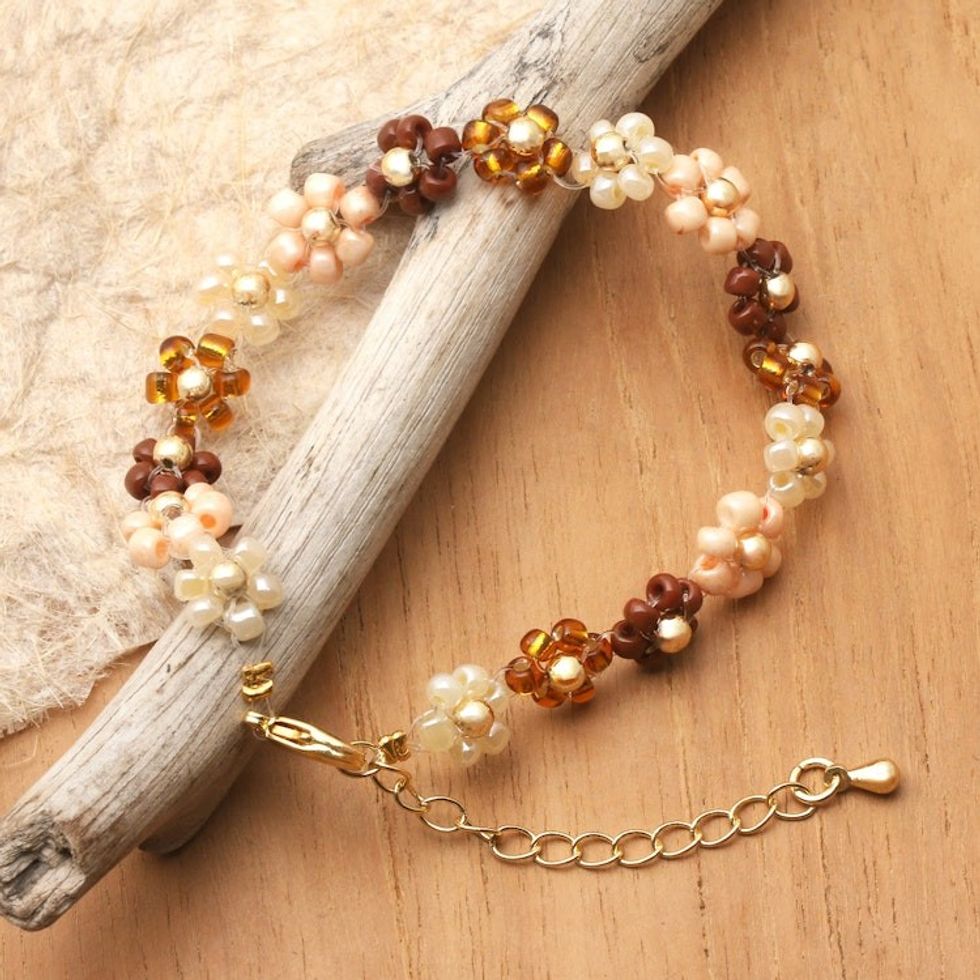 Floral Gold-Accented Crystal Beaded Bracelet in Warm Hues 'Bohemian Petals'