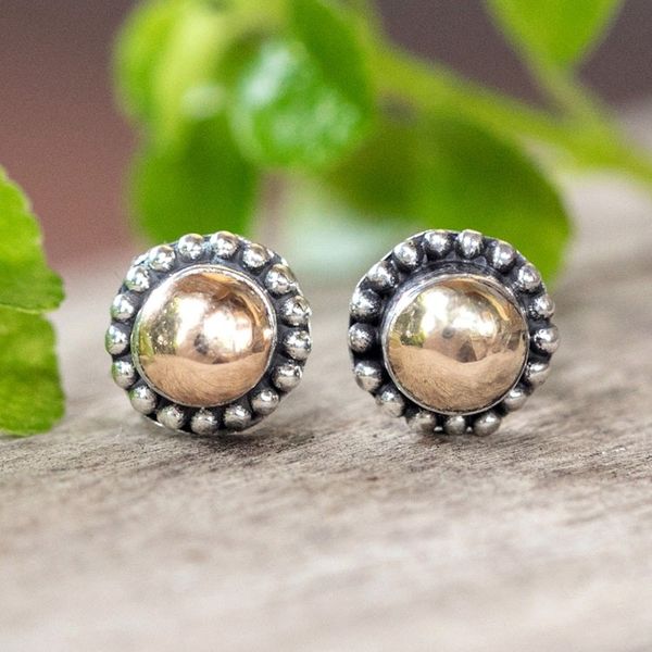 Alternate image for Sterling Silver Stud Earrings with Polished 18k Gold Accents Metallic Contrast