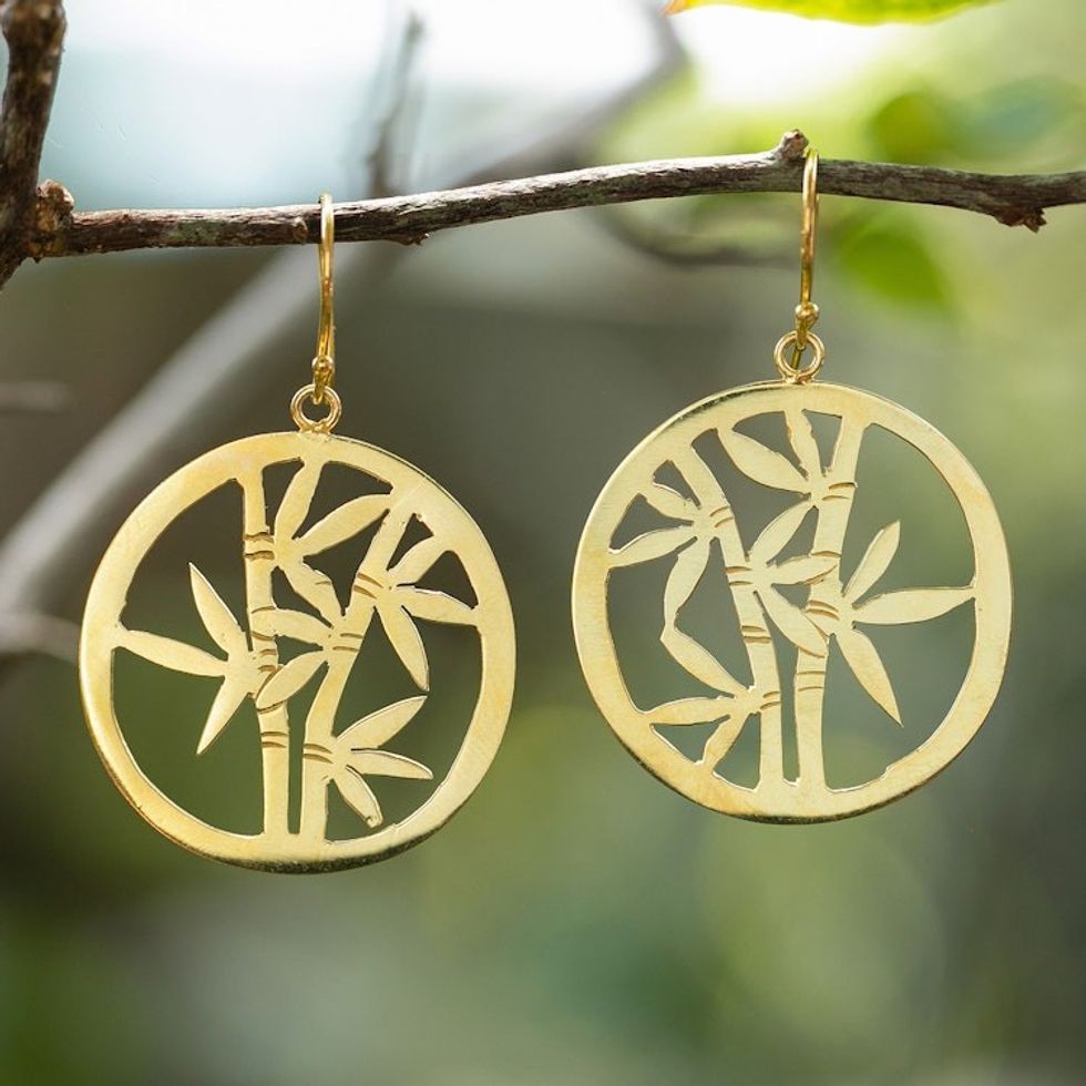 Bamboo Tree Themed Openwork Gold-Plated Dangle Earrings 'Bamboo Chic'