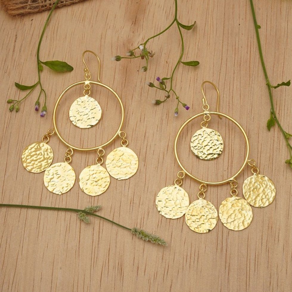 Balinese-Made Folk Art 18k Gold-Plated Chandelier Earrings 'Moon Dame'