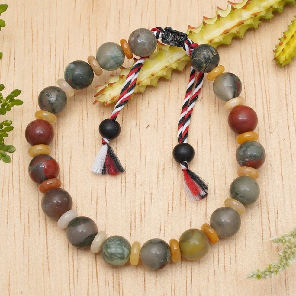 Men's Bloodstone and Onyx Yoga Tridatu Wristband Bracelet 'Tridatu Unity'