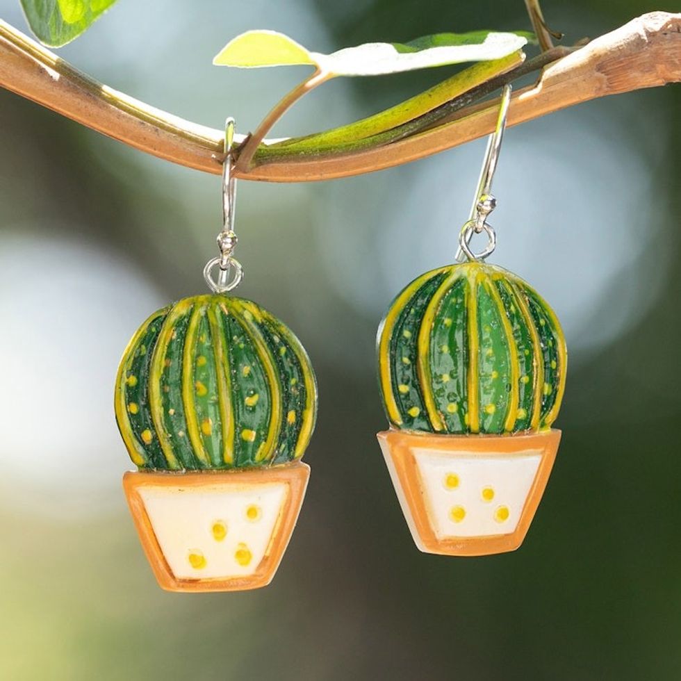 Warm-Toned Naf Cactus-Themed Hand-Painted Dangle Earrings 'Classic Cactus'