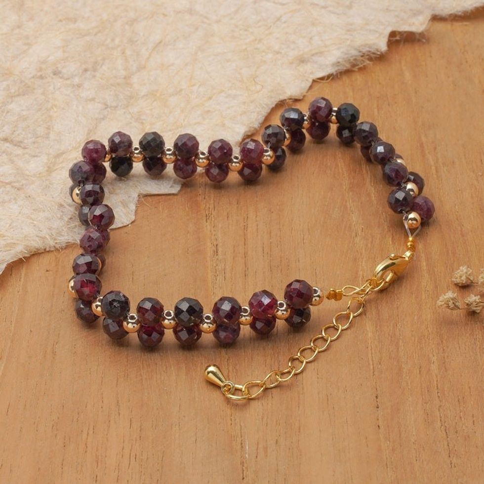 18k Gold-Accented Natural Garnet Beaded Bracelet from Bali 'Grand Splendor'