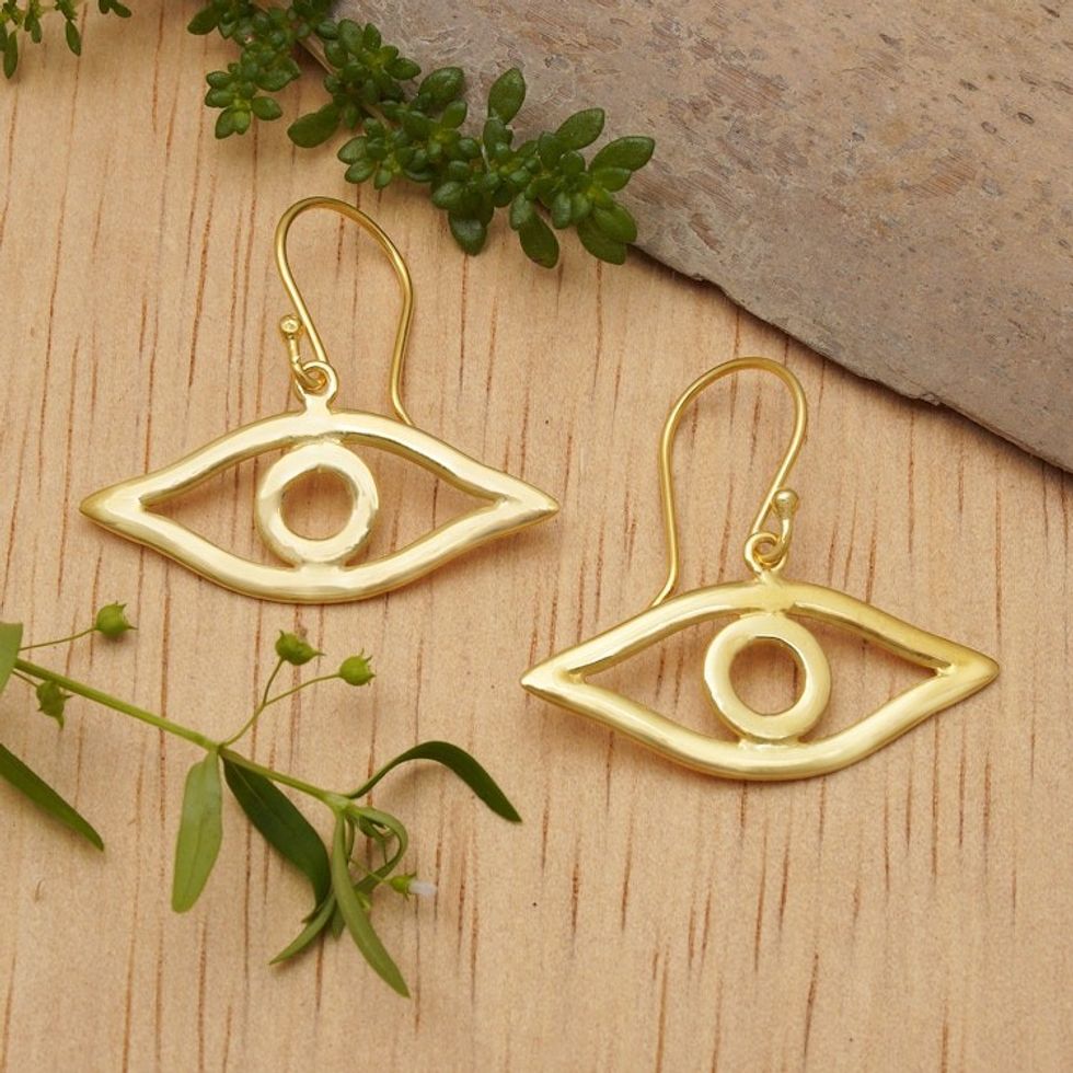 Gold-plated Whimsical Eye-Shaped Dangle Earrings from Bali 'Victorious Gaze'