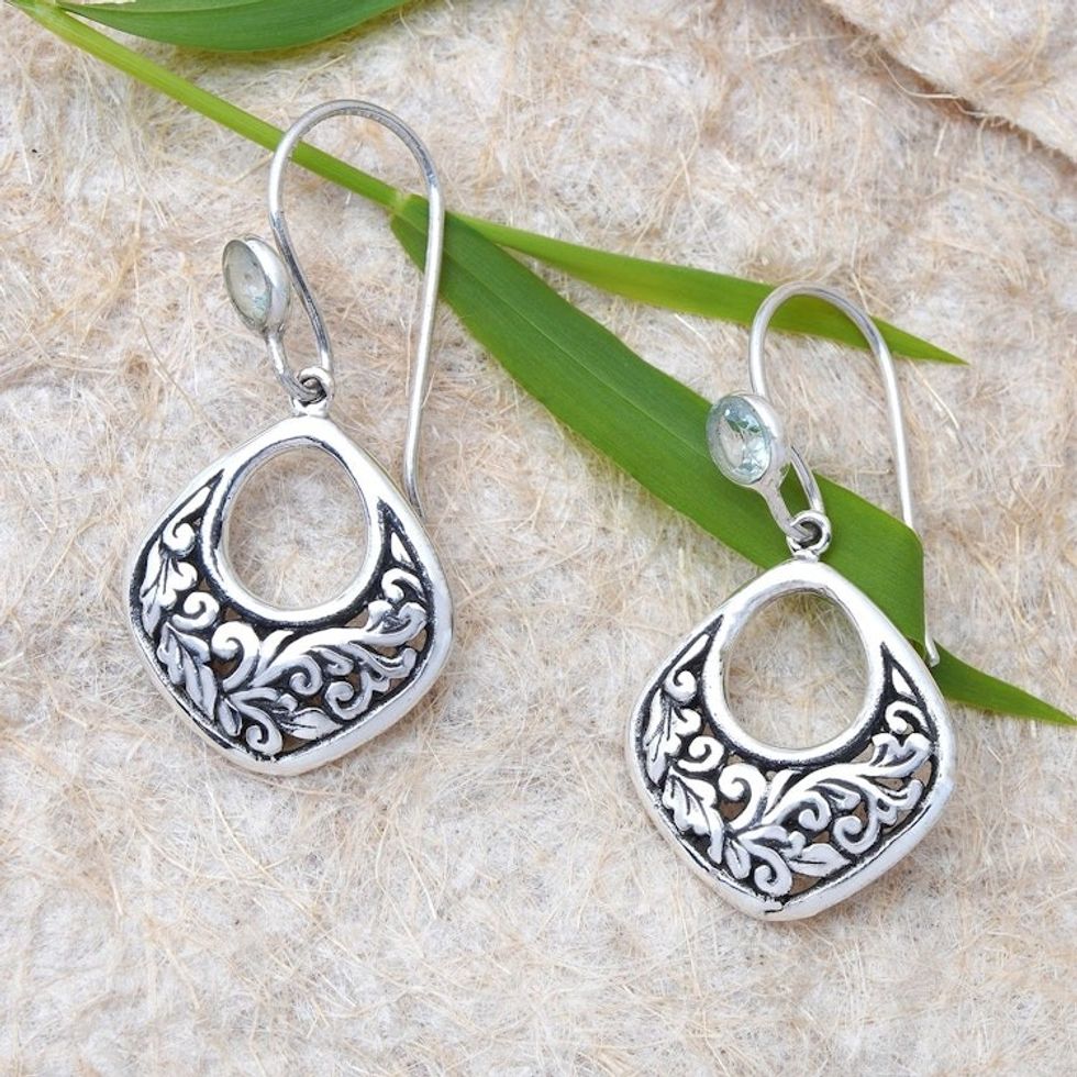 Balinese Silver Dangle Earrings with Blue Topaz Gemstones 'Blooms in Bali'