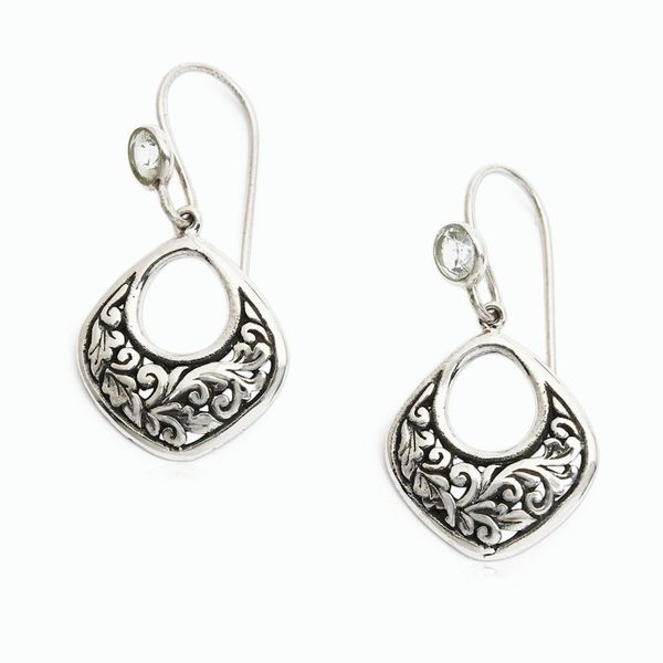 Alternate image for Balinese Silver Dangle Earrings with Blue Topaz Gemstones Blooms in Bali