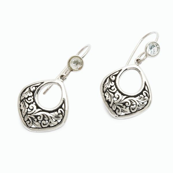 Alternate image for Balinese Silver Dangle Earrings with Blue Topaz Gemstones Blooms in Bali