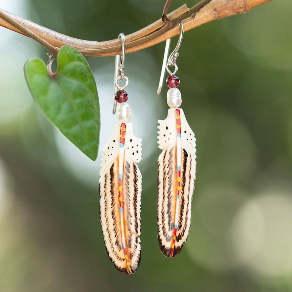 Natural Garnet and Cultured Pearl Feather Dangle Earrings 'Rich Feathers'